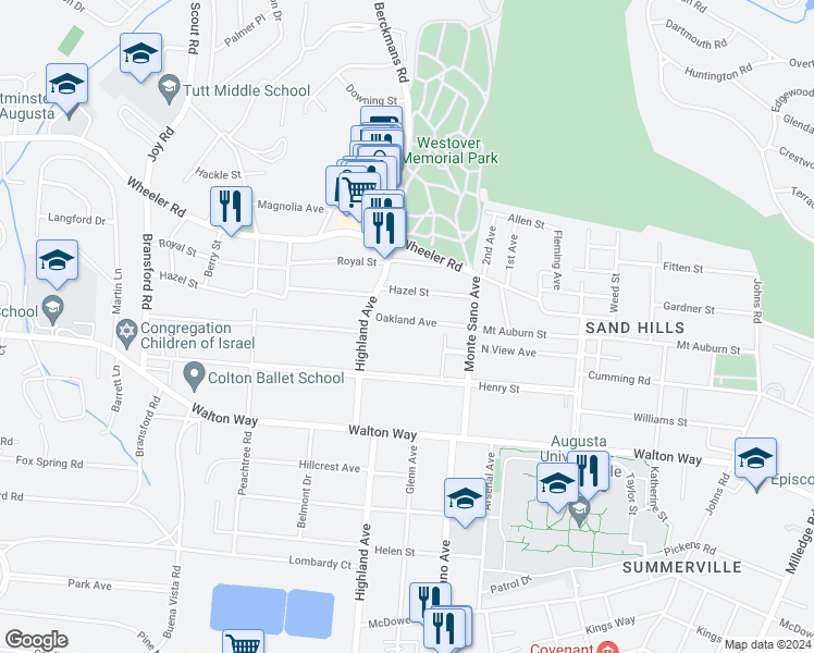 map of restaurants, bars, coffee shops, grocery stores, and more near 2622 Oakland Avenue in Augusta