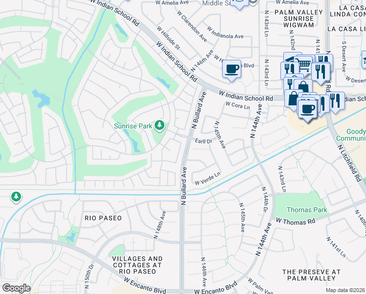map of restaurants, bars, coffee shops, grocery stores, and more near 3081 North 147th Drive in Goodyear