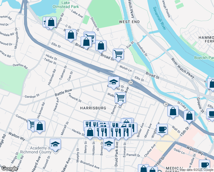 map of restaurants, bars, coffee shops, grocery stores, and more near 505 Eve Street in Augusta