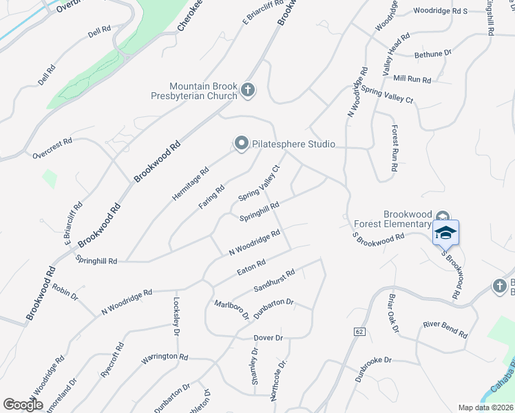 map of restaurants, bars, coffee shops, grocery stores, and more near 3593 Springhill Road in Birmingham