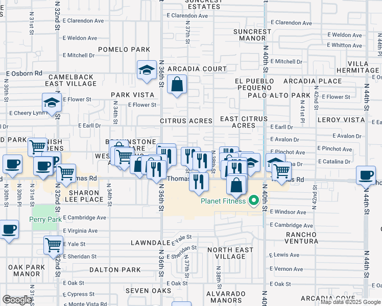 map of restaurants, bars, coffee shops, grocery stores, and more near 2922 North 37th Street in Phoenix