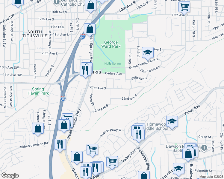 map of restaurants, bars, coffee shops, grocery stores, and more near 2008 4th Street South in Birmingham