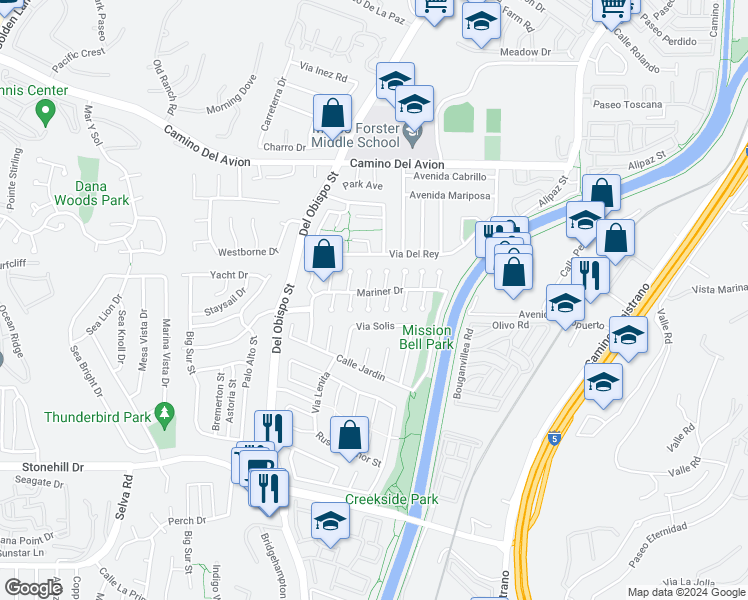 map of restaurants, bars, coffee shops, grocery stores, and more near 33096 Halfmoon Court in San Juan Capistrano