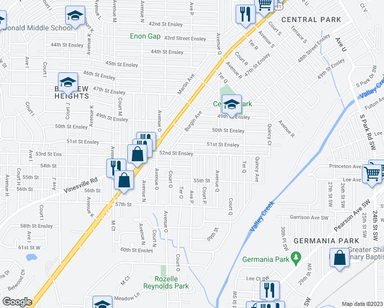 map of restaurants, bars, coffee shops, grocery stores, and more near 5200 Avenue P in Birmingham