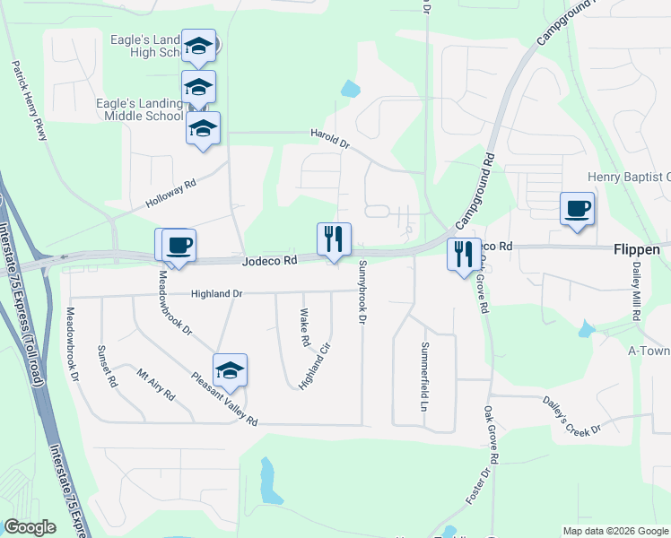 map of restaurants, bars, coffee shops, grocery stores, and more near 3373 Jodeco Road in McDonough