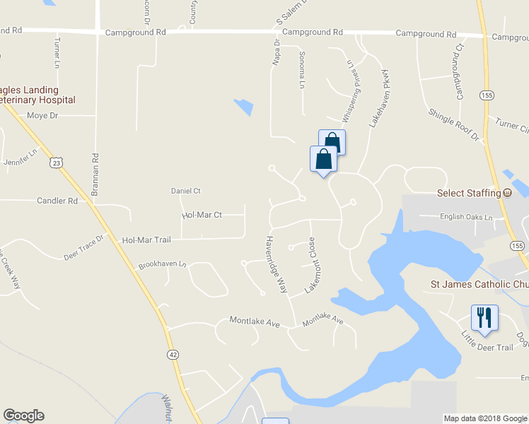 map of restaurants, bars, coffee shops, grocery stores, and more near 9025 Woodhaven Way in McDonough
