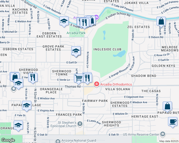 map of restaurants, bars, coffee shops, grocery stores, and more near 3033 North Valencia Lane in Phoenix