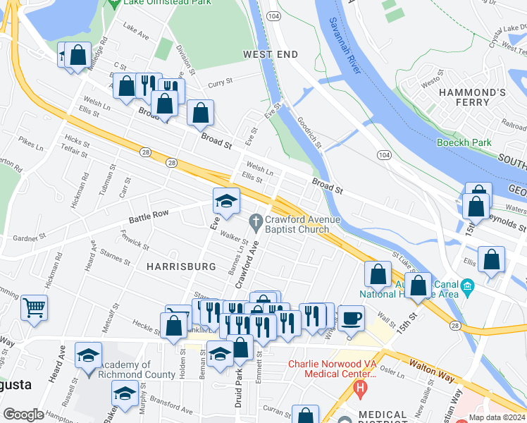 map of restaurants, bars, coffee shops, grocery stores, and more near 415 Crawford Avenue in Augusta