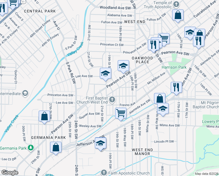 map of restaurants, bars, coffee shops, grocery stores, and more near 1916 Pearson Avenue Southwest in Birmingham
