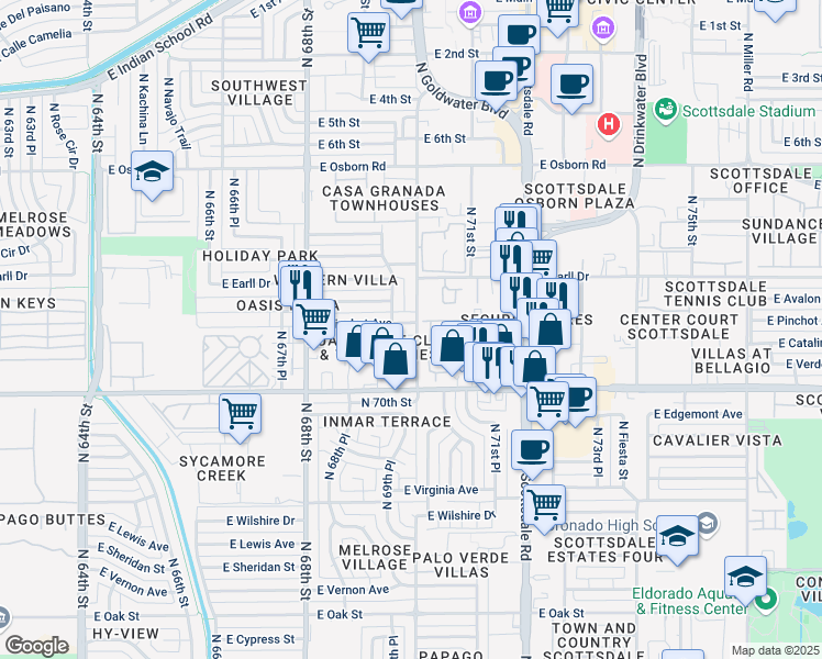 map of restaurants, bars, coffee shops, grocery stores, and more near 3031 North 70th Street in Scottsdale