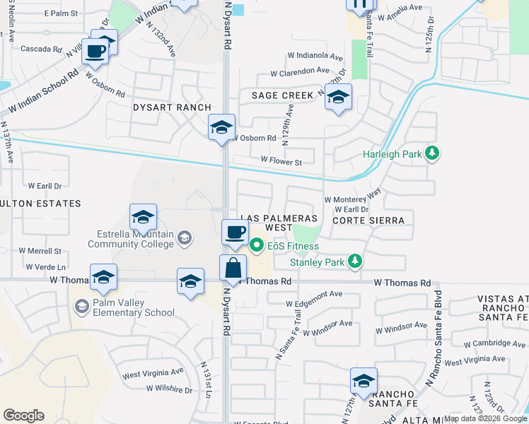 map of restaurants, bars, coffee shops, grocery stores, and more near 3205 North 130th Avenue in Avondale