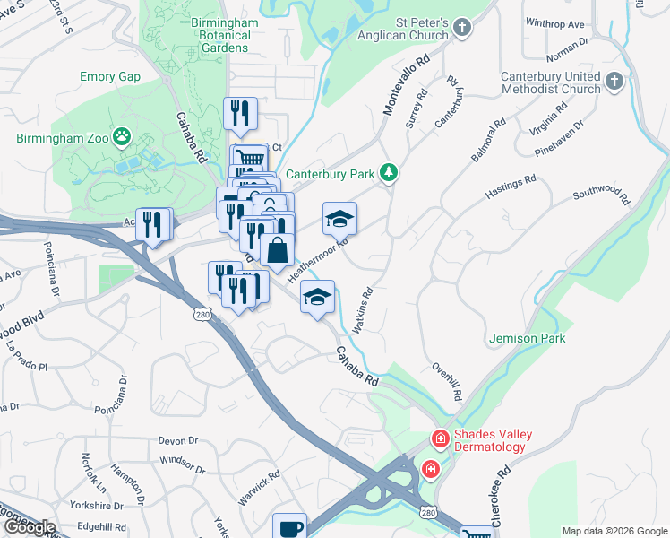 map of restaurants, bars, coffee shops, grocery stores, and more near 3020 Cambridge Road in Mountain Brook