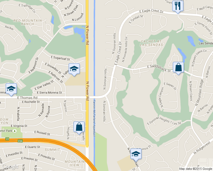 map of restaurants, bars, coffee shops, grocery stores, and more near 6926 East Sierra Morena Circle in Mesa