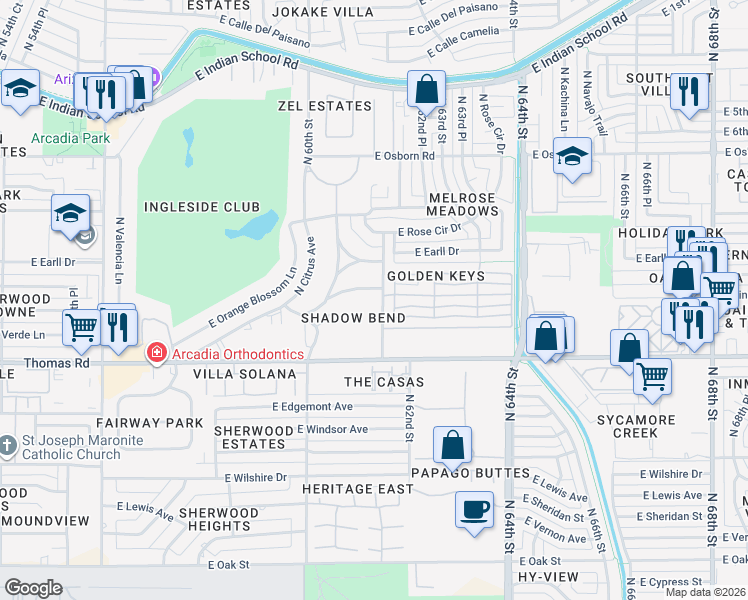 map of restaurants, bars, coffee shops, grocery stores, and more near 3036 North 61st Place in Scottsdale