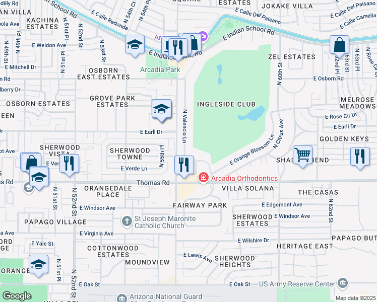 map of restaurants, bars, coffee shops, grocery stores, and more near 3033 North Valencia Lane in Phoenix