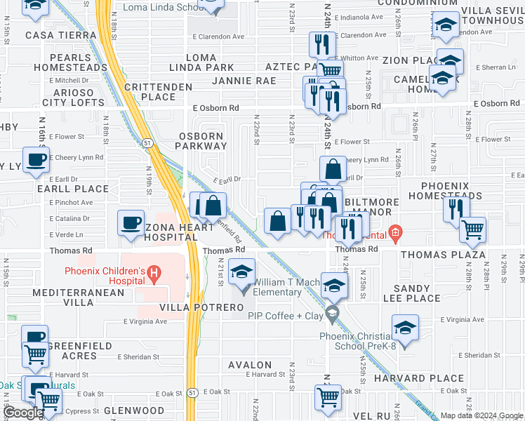 map of restaurants, bars, coffee shops, grocery stores, and more near 2219 East Earll Drive in Phoenix