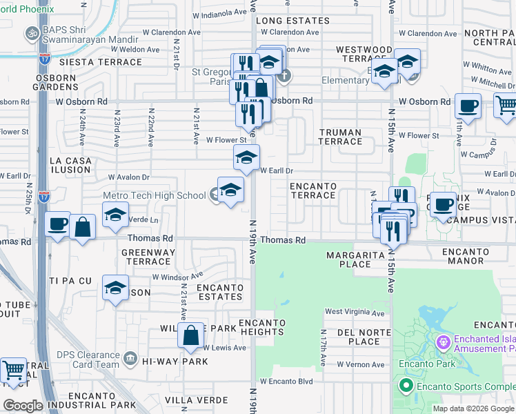 map of restaurants, bars, coffee shops, grocery stores, and more near 2953 North 19th Avenue in Phoenix