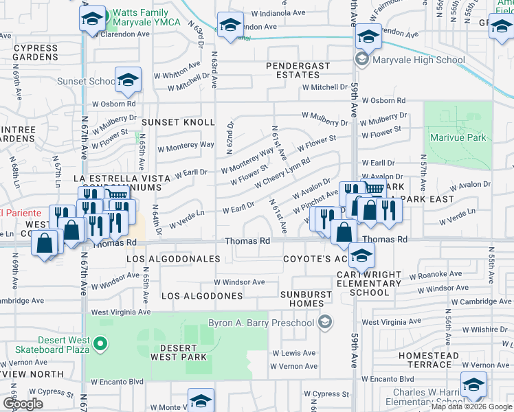 map of restaurants, bars, coffee shops, grocery stores, and more near 6157 West Cheery Lynn Road in Phoenix