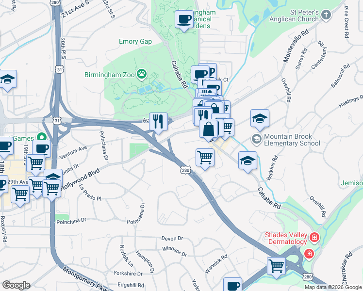 map of restaurants, bars, coffee shops, grocery stores, and more near 409 Hollywood Boulevard in Birmingham