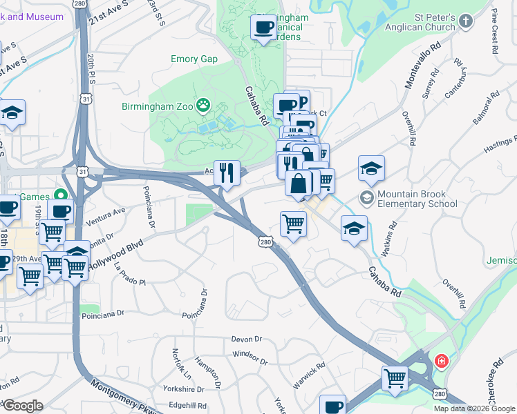map of restaurants, bars, coffee shops, grocery stores, and more near 409 Hollywood Boulevard in Birmingham