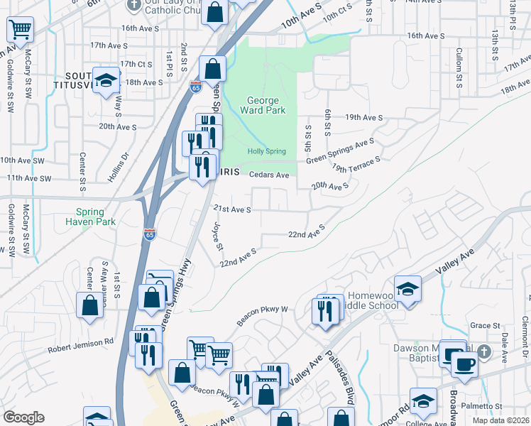 map of restaurants, bars, coffee shops, grocery stores, and more near 2008 4th Street South in Birmingham