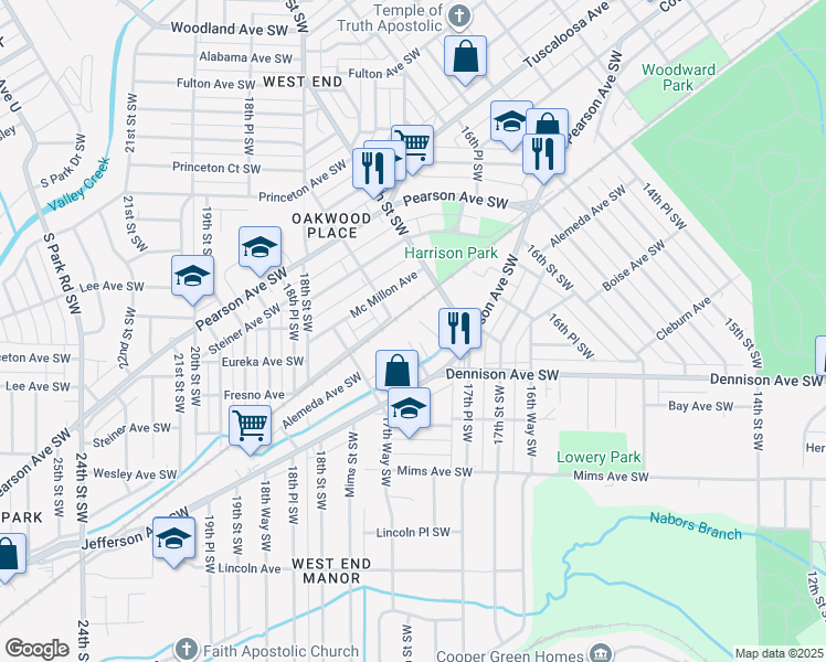 map of restaurants, bars, coffee shops, grocery stores, and more near 913 17th Place Southwest in Birmingham