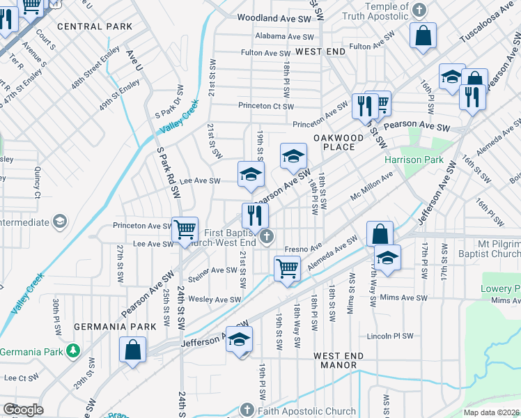 map of restaurants, bars, coffee shops, grocery stores, and more near 1916 Pearson Avenue Southwest in Birmingham