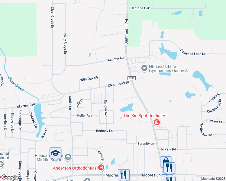 map of restaurants, bars, coffee shops, grocery stores, and more near 310 Clear Creek Drive in Texarkana