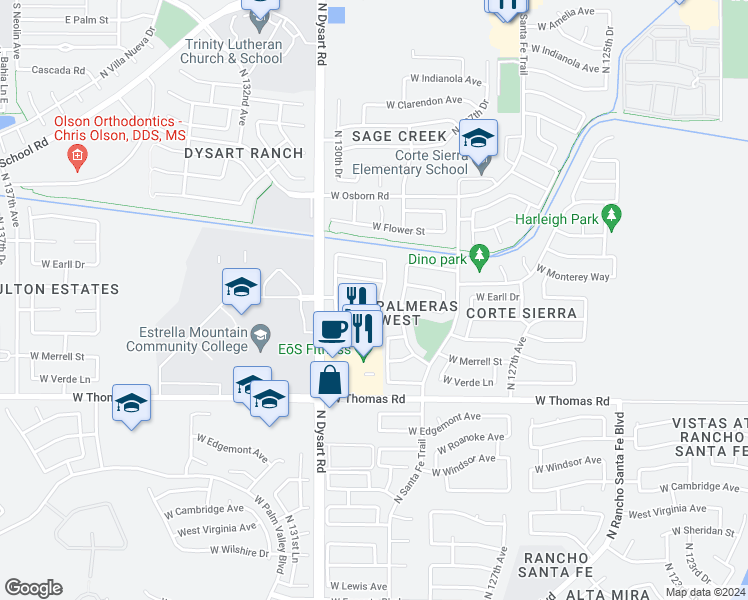 map of restaurants, bars, coffee shops, grocery stores, and more near 3114 North 130th Avenue in Avondale