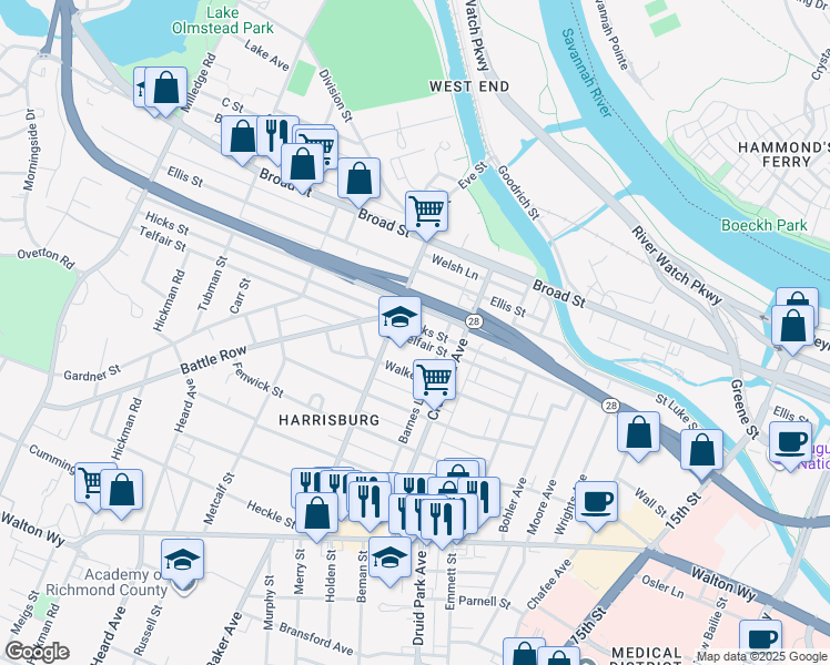 map of restaurants, bars, coffee shops, grocery stores, and more near 1840 Hicks Street in Augusta