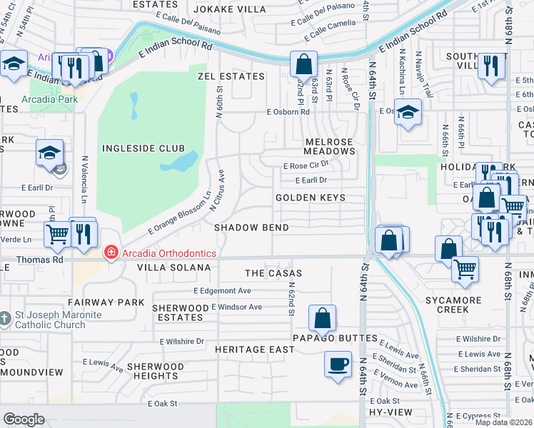 map of restaurants, bars, coffee shops, grocery stores, and more near 3036 North 61st Place in Scottsdale