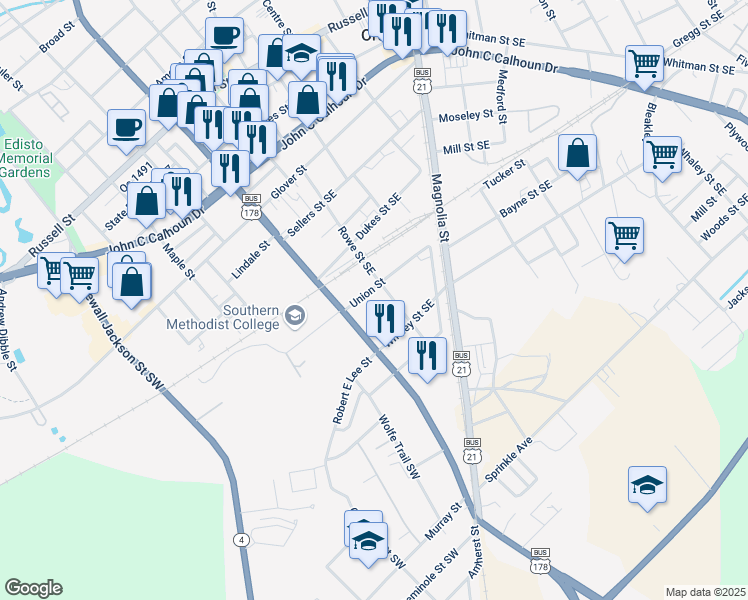 map of restaurants, bars, coffee shops, grocery stores, and more near 1169 Union Street in Orangeburg