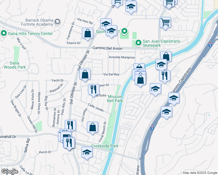 map of restaurants, bars, coffee shops, grocery stores, and more near 33095 Regatta Court in San Juan Capistrano