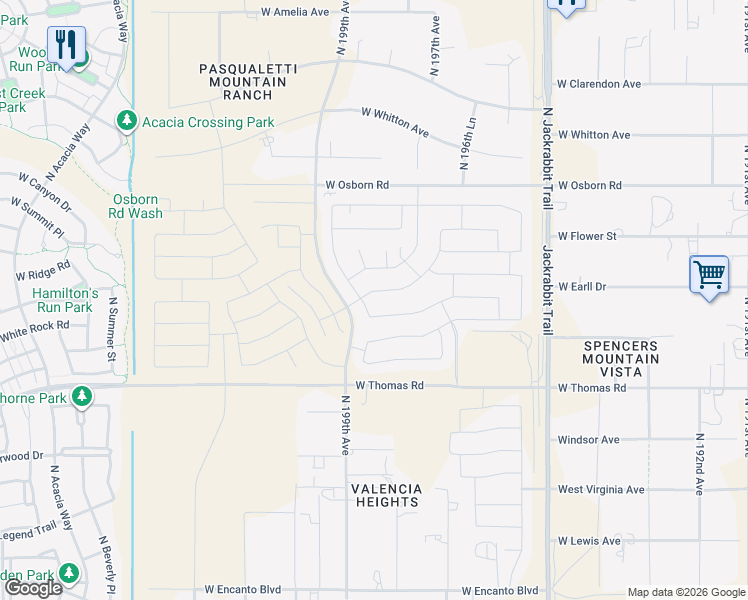 map of restaurants, bars, coffee shops, grocery stores, and more near 19827 West Earll Drive in Buckeye