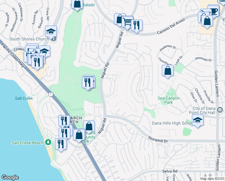 map of restaurants, bars, coffee shops, grocery stores, and more near 2 Tennis Villas Drive in Dana Point