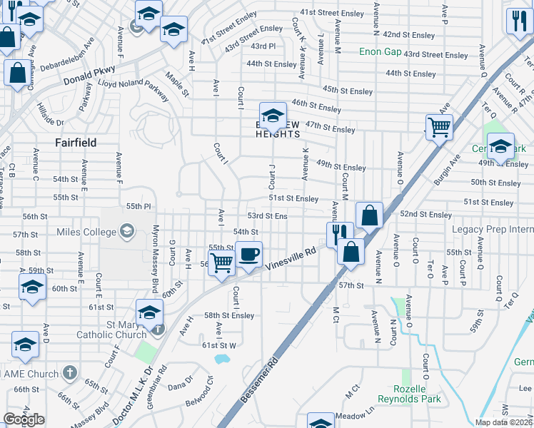 map of restaurants, bars, coffee shops, grocery stores, and more near 1009 51st Street Ensley in Birmingham