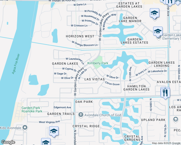 map of restaurants, bars, coffee shops, grocery stores, and more near 3137 North 113th Lane in Avondale