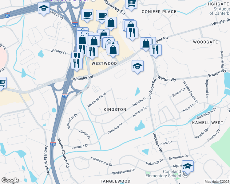 map of restaurants, bars, coffee shops, grocery stores, and more near 1310 Martinique Drive in Augusta