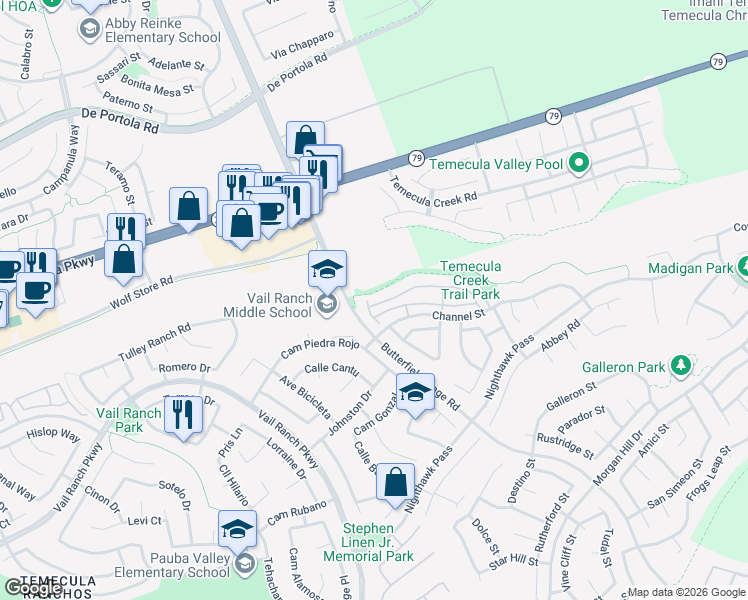 map of restaurants, bars, coffee shops, grocery stores, and more near 33416 Winston Way in Temecula