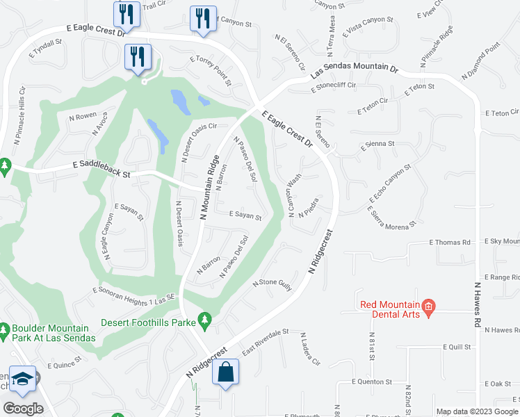 map of restaurants, bars, coffee shops, grocery stores, and more near 3658 North Paseo Del Sol in Mesa