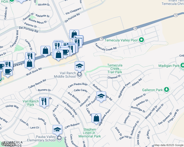 map of restaurants, bars, coffee shops, grocery stores, and more near 33416 Winston Way in Temecula