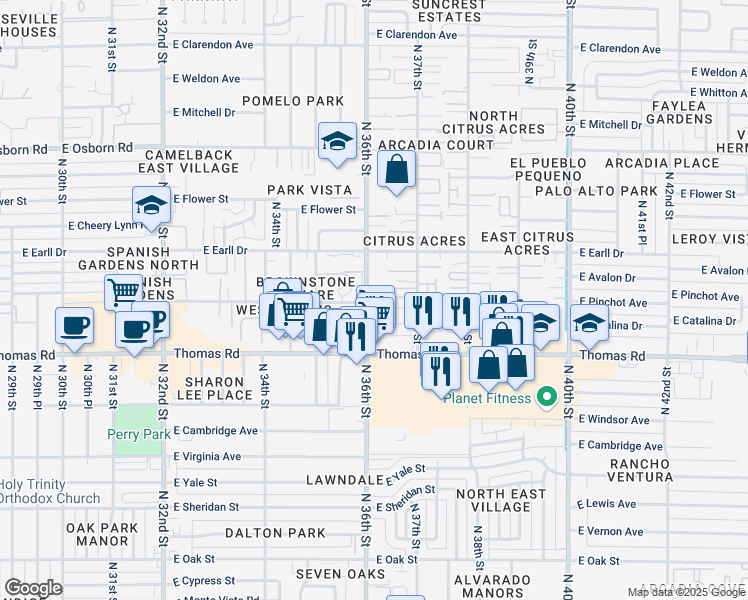 map of restaurants, bars, coffee shops, grocery stores, and more near 3001 North 36th Street in Phoenix
