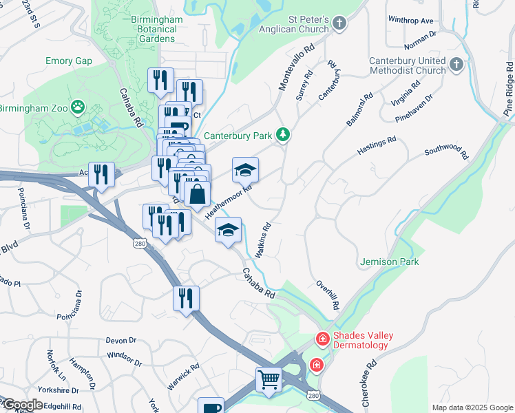 map of restaurants, bars, coffee shops, grocery stores, and more near 3020 Cambridge Road in Mountain Brook