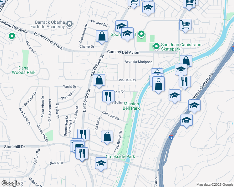 map of restaurants, bars, coffee shops, grocery stores, and more near 33095 Southwind Court in San Juan Capistrano
