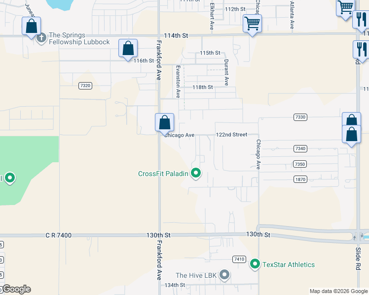 map of restaurants, bars, coffee shops, grocery stores, and more near 5711 122nd Street in Lubbock