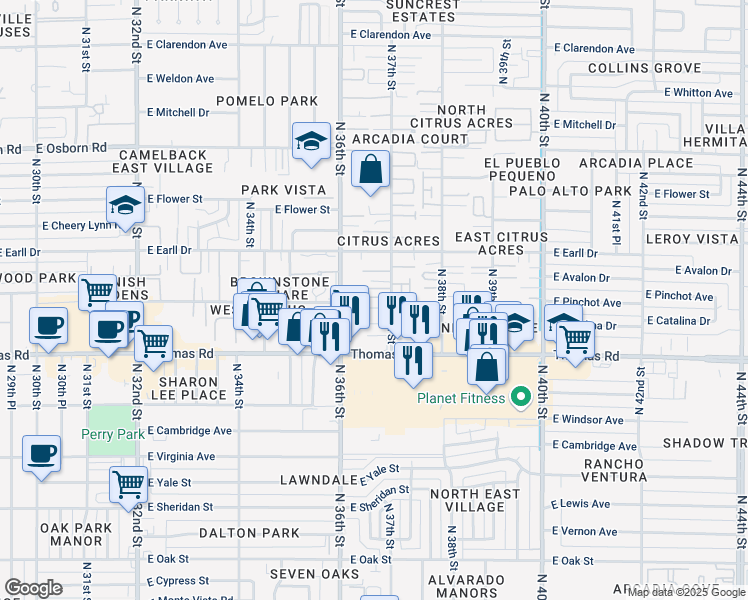 map of restaurants, bars, coffee shops, grocery stores, and more near 3009 North 36th Street in Phoenix