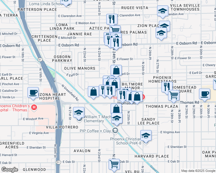 map of restaurants, bars, coffee shops, grocery stores, and more near 3032 North 24th Street in Phoenix