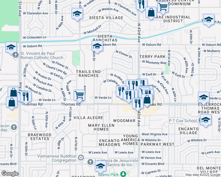 map of restaurants, bars, coffee shops, grocery stores, and more near 4517 West Catalina Drive in Phoenix