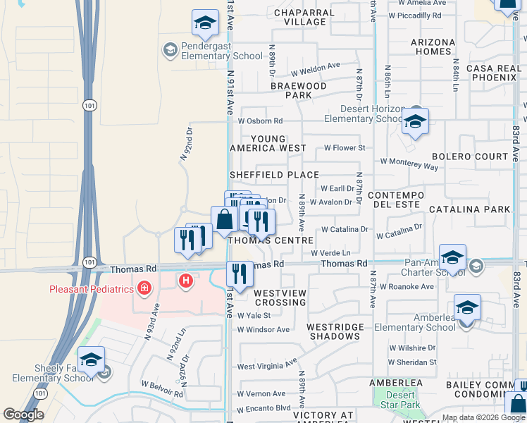 map of restaurants, bars, coffee shops, grocery stores, and more near 8930 West Avalon Drive in Phoenix