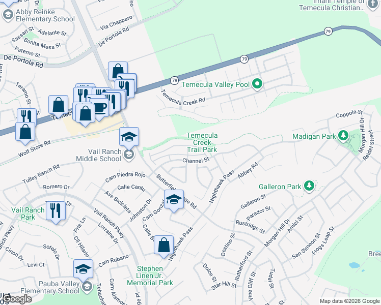 map of restaurants, bars, coffee shops, grocery stores, and more near 33592 Winston Way in Temecula